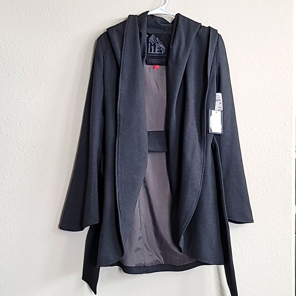 NWT Neiman Marcus G.E.T Gray Heather Hooded Coat with Belt Bell Sleeve XS